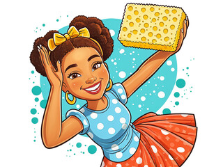 Pop art cartoon, young smiling girl with cleaning sponge on bubbles background