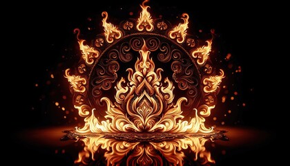 abstract stylized fiery lotus flower with orange and yellow petals flames burning on black background