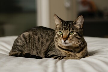 Obraz premium Tabby cat with green eyes laying on white bed, showing off striped fur in blurry room