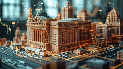 A digital representation of a city with a focus on a large building in the center.
