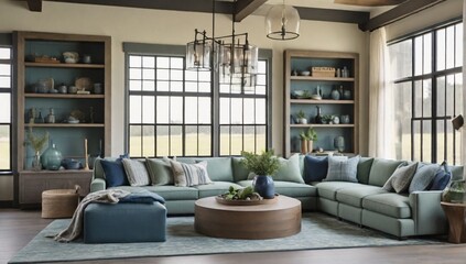 Modern farmhouse style living and family room with large windows cabinets in blues and greens
