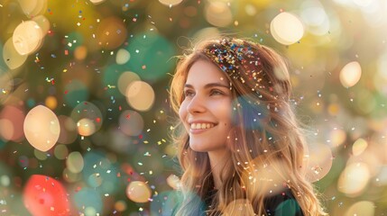 Euphoric celebration, woman's face with flying confetti, ideal for New Year or carnival promotions.