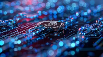 Fototapeta premium A glowing blue circuit board with a bitcoin.