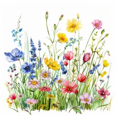 Fototapeta premium Vivid watercolor clipart, wildflower summer meadow isolated on white