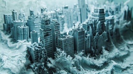 A grayscale photo of a miniature city. The city is being flooded by a tsunami. - obrazy, fototapety, plakaty