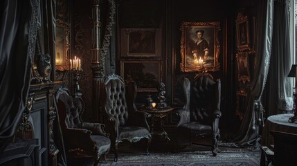 Dark, elegant room with gothic decor, perfect for content on historical interior design or dramatic settings.