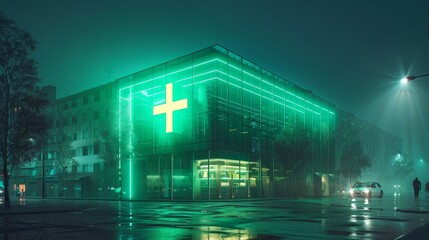 A green neon cross glows on the facade of a modern glass and steel hospital at night.
