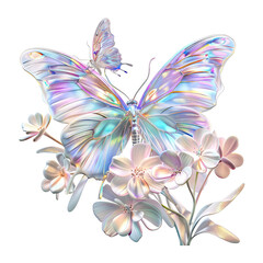 Fototapeta na wymiar Pastel Holographic Butterfly and Flowers Clipart isolated on White Background