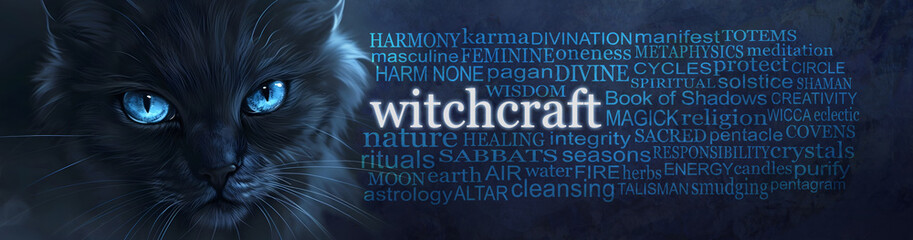 The Witches Black Cat Witchcraft Word Cloud - beautiful black cat with turquoise blue eyes beside a WITCHCRAFT word cloud on a dark blue background
