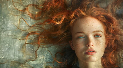 Fiery red curls and emerald eyes, soft focus, beauty and innocence concept. - obrazy, fototapety, plakaty