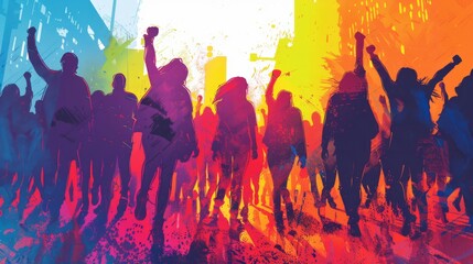 A large crowd of people marching in protest, with their fists raised in the air. The image is in a colorful, abstract style. - obrazy, fototapety, plakaty