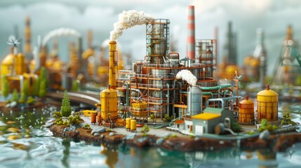 A miniature model of a large factory complex, situated on an island in the middle of the ocean. The factory is surrounded by water. - obrazy, fototapety, plakaty