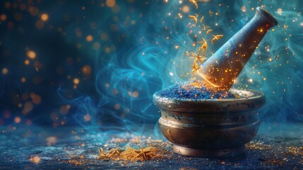 A pestle and mortar with magical glowing blue dust and golden sparkles.