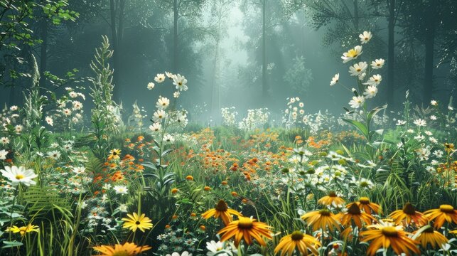 A photo of a field of wildflowers with a forest in the background.