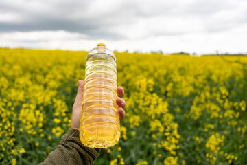 A bottle of rapeseed oil in a hand against the background of a yellow blooming rapeseed field. A bottle of rapeseed oil and blooming rapeseed fields. - obrazy, fototapety, plakaty