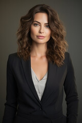 Sophisticated working woman dressed in a chic business suit, featured in a portrait with clean, open space for added content