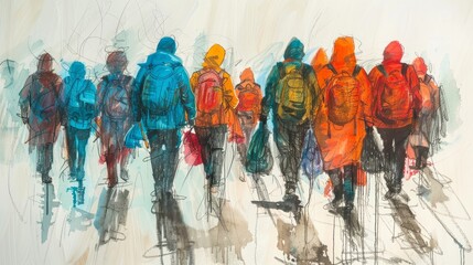A watercolor painting of a crowd of people walking away from the viewer. The people are wearing jackets and backpacks and are carrying bags. The painting is done in a loose, sketchy style. - obrazy, fototapety, plakaty