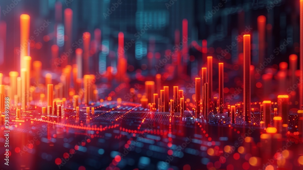 Wall mural abstract representation of a data-driven cityscape with glowing red and yellow bars, symbolizing con