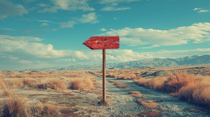 A wooden sign points the way through a vast desert landscape.