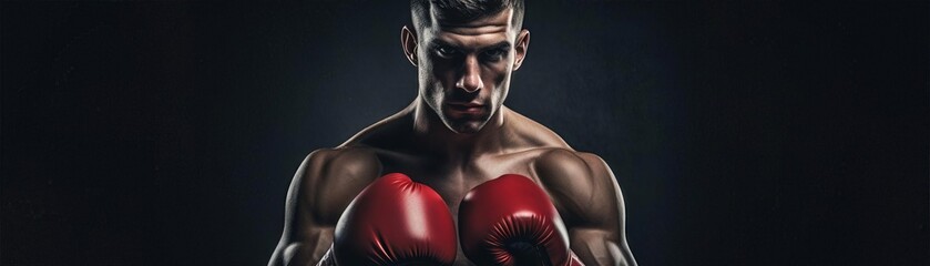 Professional boxer posing confidently in boxing attire with gloves, muscular physique, on a dark, moody background - obrazy, fototapety, plakaty