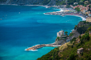 Naklejka na ściany i meble Magic of the Cinque Terre. Timeless images. Monterosso, the port, the beach and the ancient village