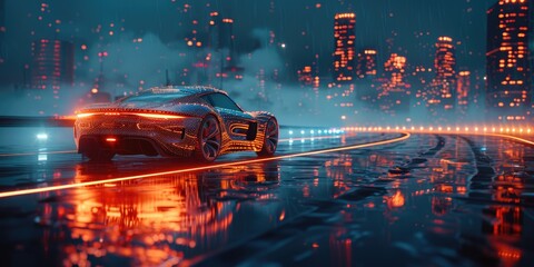 Obraz premium Concept car crossing a smart bridge with real-time environmental monitoring, against a backdrop of skyscrapers with interactive facades