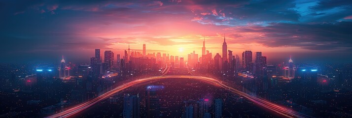 Elevated view of a sprawling futuristic metropolis at sunset, capturing the dance of light trails from hyperloop pods and autonomous cars
