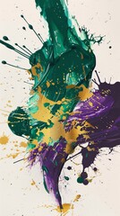 Vivid Collision of Emerald and Amethyst Paint Splatter with Gold Highlights.