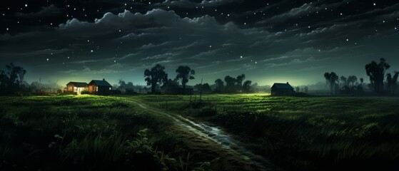 Nighttime at an organic farm, fireflies over crops, surreal and magical