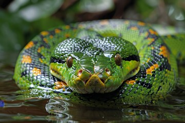 Fototapeta premium Green Anaconda: Coiled on riverbank with massive body, illustrating its role as apex predator.