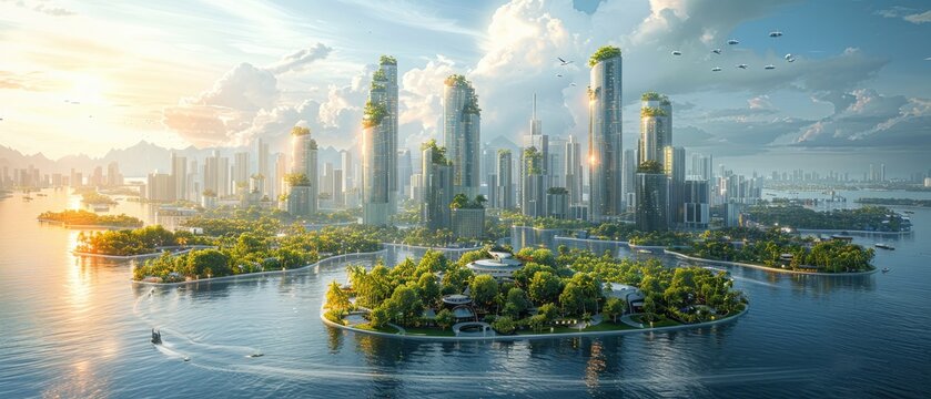 Panoramic view of a future citys waterfront, where amphibious vehicles transition between water and air, integrating with urban life