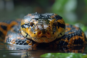 Fototapeta premium Green Anaconda: Coiled on riverbank with massive body, illustrating its role as apex predator.