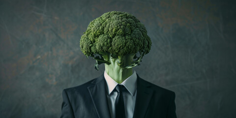 Witness the whimsical fusion of nature and sophistication with this unique portrayal of a single broccoli dressed in a sleek black suit. Standing tall and proud, the broccoli exudes an air of elegance