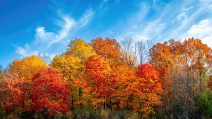Warm light of autumn forest with trees in a spectrum of red, orange and yellow foliage against a bright blue sky