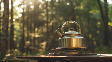 Bule de chá em um fogão na floresta 