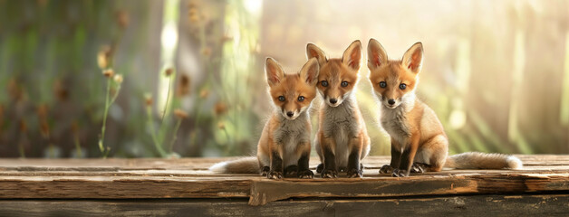 Filhotes de raposa em cima de uma tábua 