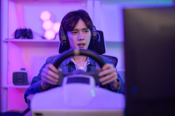 Professional gamer and online streamer in virtual car racing game communicate with his followers