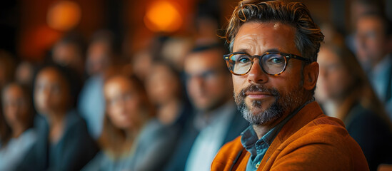 Obraz premium A seasoned business speaker delivers a presentation on innovation during a company meeting filled with an attentive audience in a professional