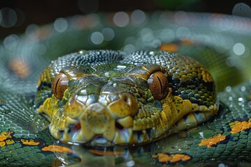 Fototapeta premium Green Anaconda: Coiled on riverbank with massive body, illustrating its role as apex predator.
