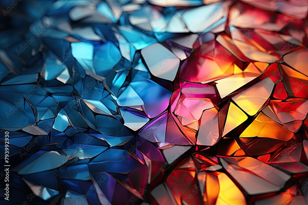 Poster Detailed view of a vibrant multicolored glass surface reflecting light and colors in intricate patterns