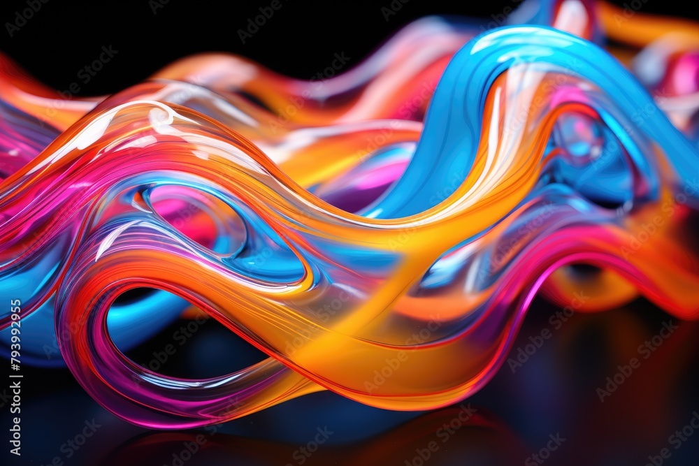 Fototapete A vibrant multicolored wave of light contrasts against a deep black background, creating a striking visual effect