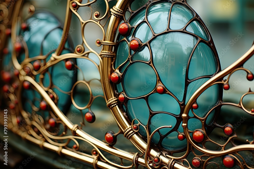 Poster Detailed close-up of a metal object adorned with vibrant red beads. The intricate design and textures are highlighted in this shot