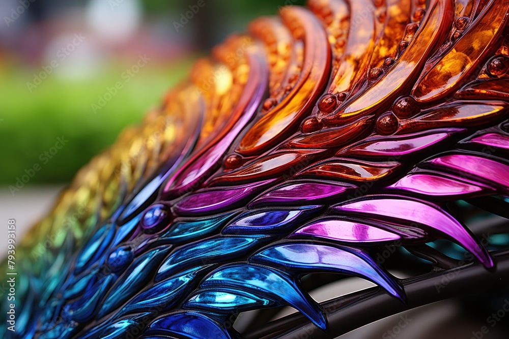 Poster A detailed view of a vibrant and intricate glass object, displaying a variety of colors and patterns up close