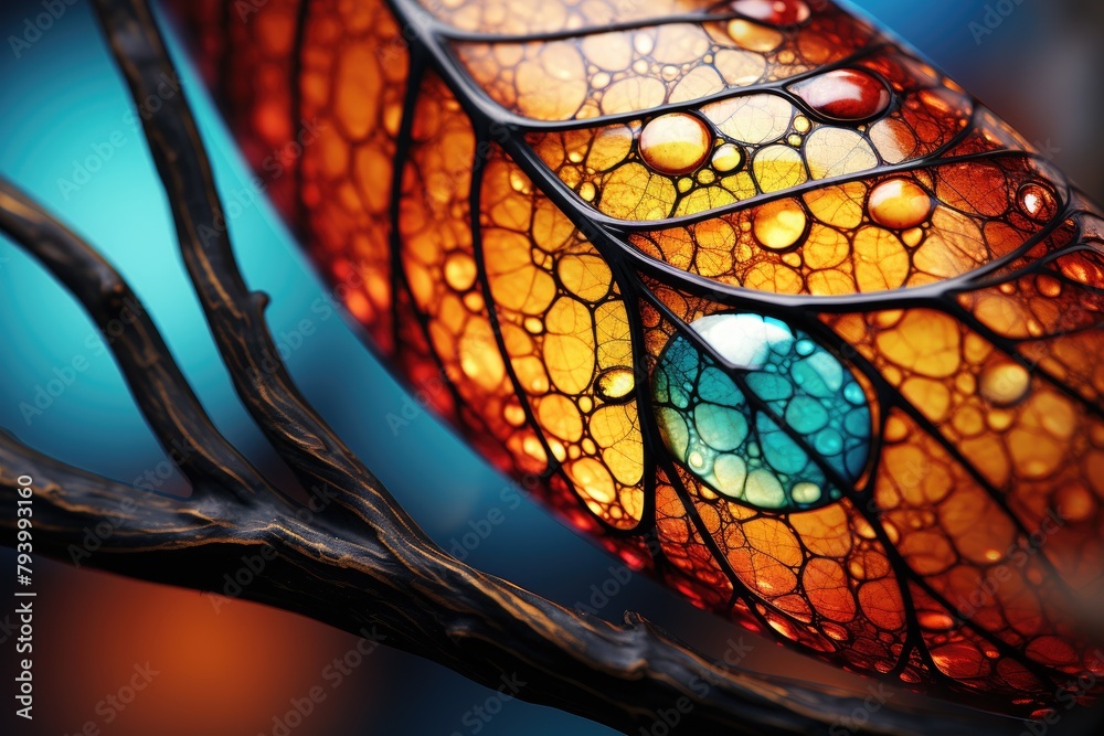 Poster A vibrant leaf with intricate patterns and water droplets sits on a branch, illuminated by bright light, highlighting its unique texture and colors