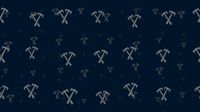 Crossed axes symbols float horizontally from left to right. Parallax fly effect. Floating symbols are located randomly. Seamless looped 4k animation on dark blue background