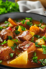 fragrant thick goulash soup on a black wooden rustic background