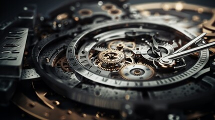 Gears and cogs in a clock mechanism. Craftsmanship and Precision - Elegantly detailed stainless steel and metal.