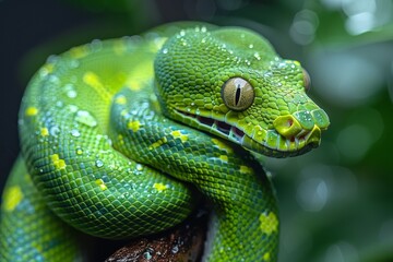 Fototapeta premium Green Tree Python: Wrapped around a branch with vibrant green scales, contrasting with the background 