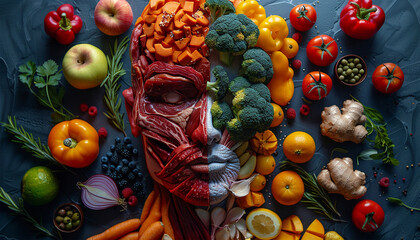Lifestyle choice and dilemma concept as a human made of fresh green vegetables and fruit and the other head shaped with greasy fast food and fried foods as a symbol of nutrition. Creative food