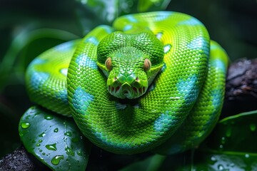 Green Tree Python: Wrapped around a branch with vibrant green scales, contrasting with the background 